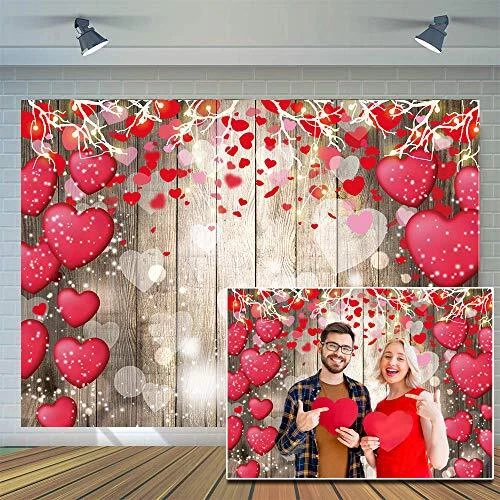 7x5ft Valentine's Day Backdrop Rustic Wood Backdrop Red Love Heart Valentine'...