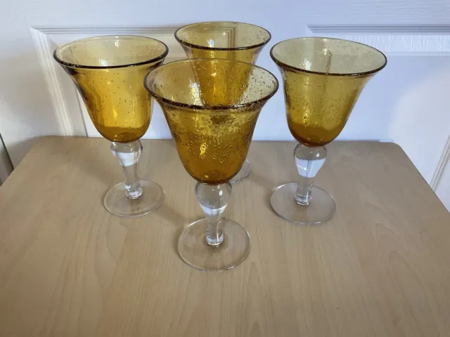 Artland Iris Amber, Hand blown, Bubble Glass, Water / Wine Goblets- set of 4