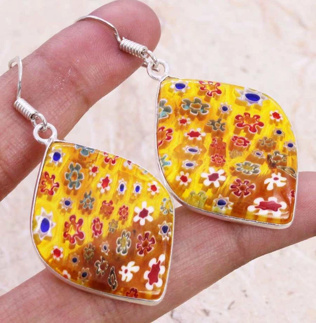 Dichroic Glass 925 Silver Plated Handmade Earrings of 1.8" Ethnic Gift