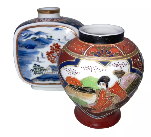 lot 2 vintage Japanese  porcelain vase Imari country scene hand painted Moriage