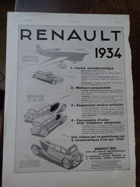 RENAULT automobile 102 + ALBENE publicité papier ILLUSTRATION 1934