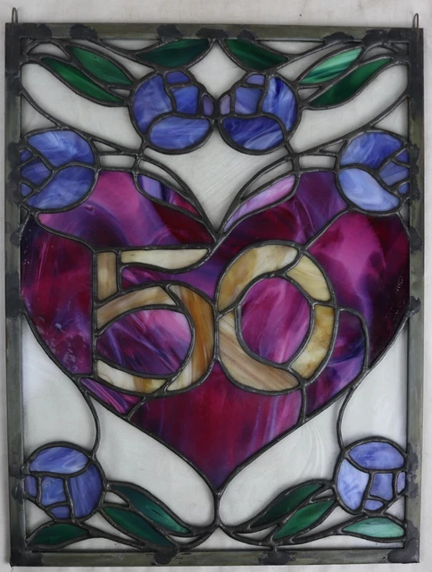 Vintage Leaded Stained Slag Glass Number "50" Hanging Suncatcher Window Panel