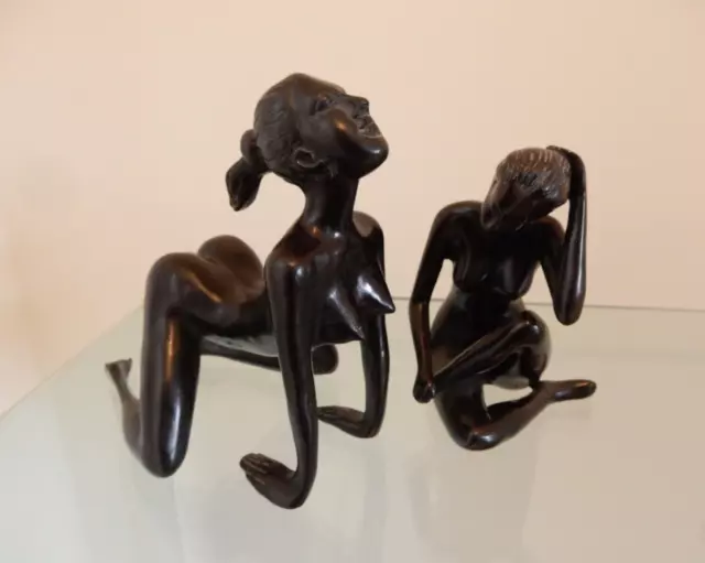 Glossy Black Nude Woman Kneeling Statues Hand Carved Figurines Pair