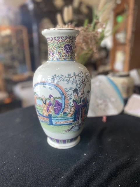 Vintage Japanese Ceramic Vase Traditionally Dressed Ladies In Garden Setting