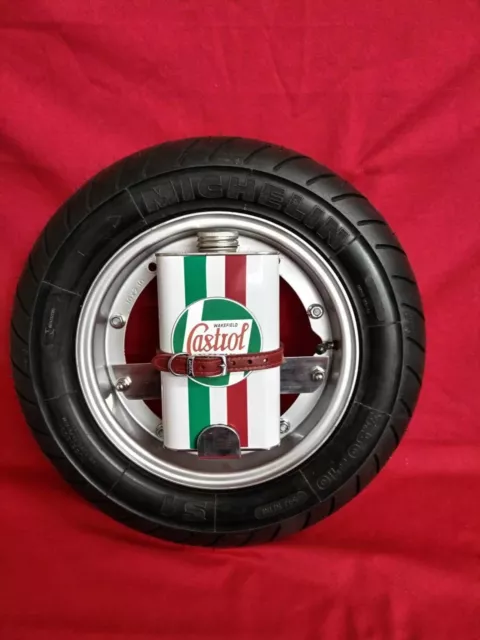 Vespa Aluminium Spare Wheel Oil Can/Tin Holder/Mount Castrol Theme Oil Can