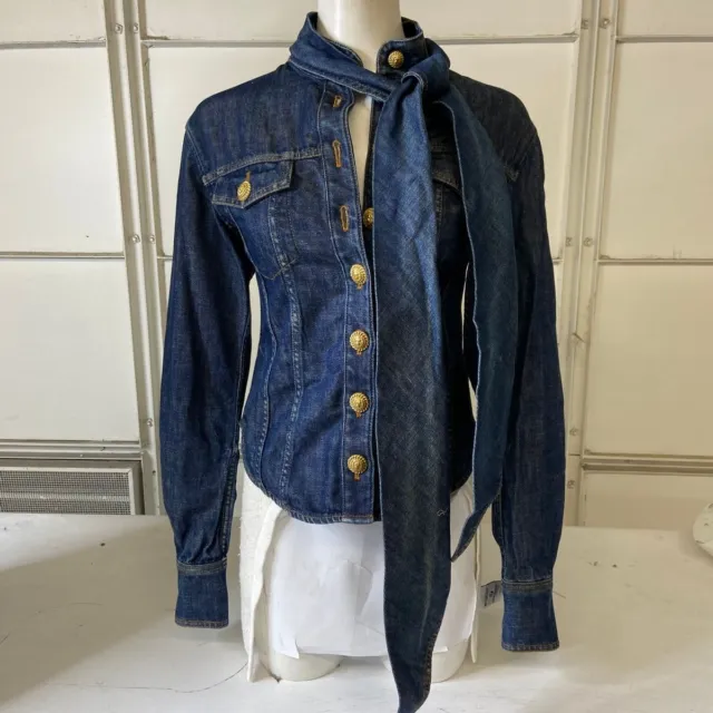 BALMAIN Denim Shirt With Bow Collar Women's Size 34 Blue NWOT