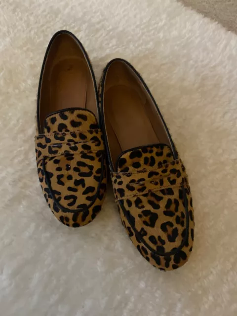 J Crew Calf Hair Loafers Leopard Print Slip On Flat Shoes Womens Size 6