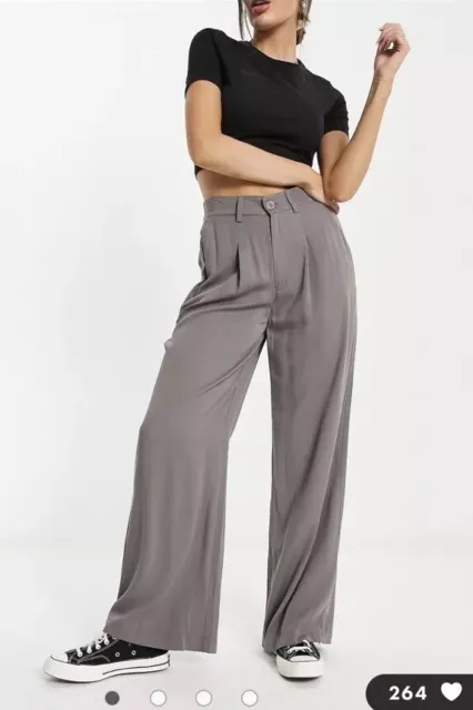 ASOS Wide Leg Dress Pants Pleated Front 100% Viscose Grey Women Size 10