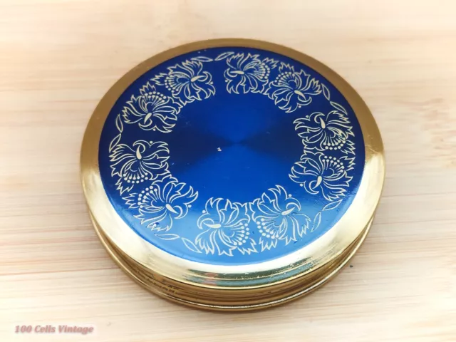 Floral Blue and Gold Tone-Vintage Ladies Powder Compact -0ma