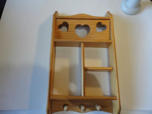 Wooden Wall Shelf Knick knack With  Cut Out swinging HEART and coat pegs 3