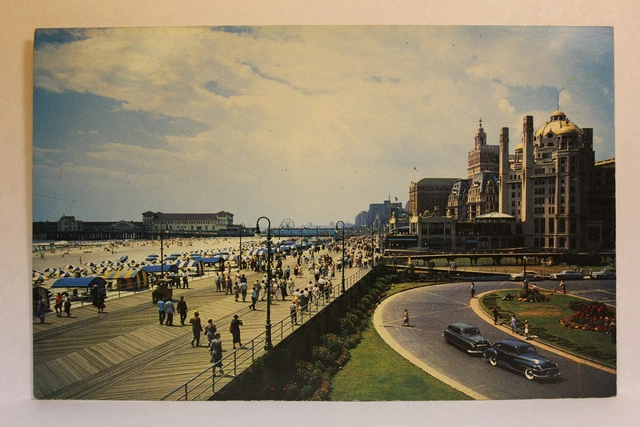 Postcard View Boardwalk Beach To Left Hotels In Background Atlantic City NJ L10