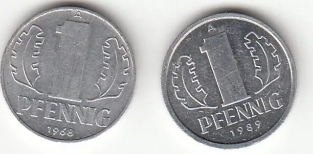 DDR 1 Pfennig 1968 A und 1 Pfennig 1989 A