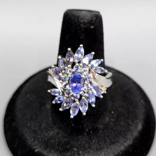 JS Signed Marquise-Cut Tanzanite Cluster Sterling Silver Ring Size 9 5.6g