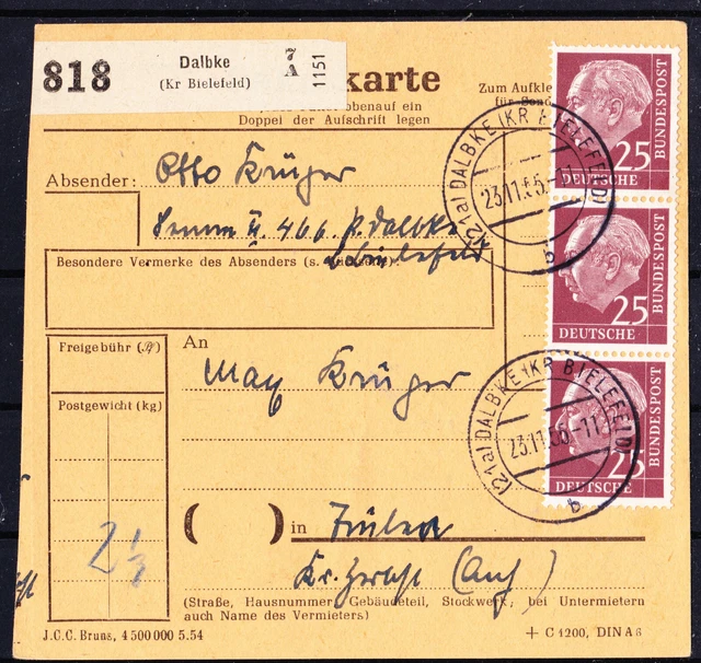 Bund Heuss I, 25 Pf, Mi. 186 im senkr. 3er-Streifen Vollstempel "Dalbke"