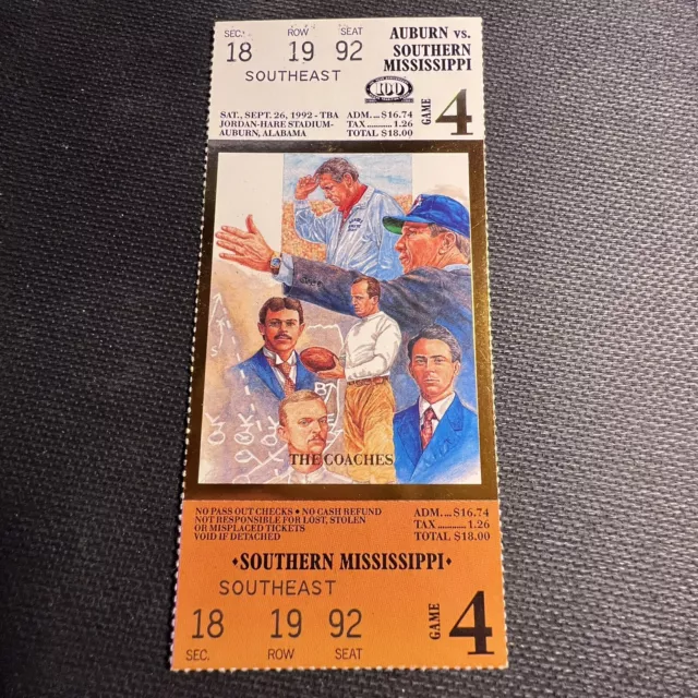 1992 Auburn vs Southern Mississippi football Season ticket replica stub SEC NCAA