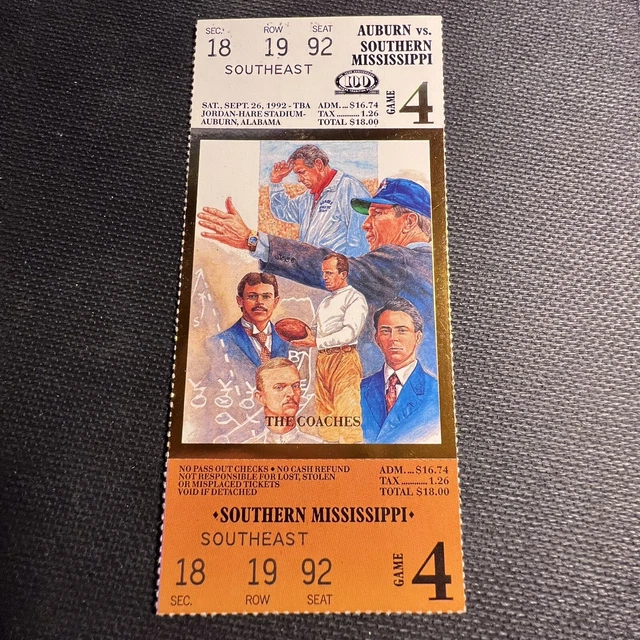 1992 Auburn vs Southern Mississippi football Season ticket replica stub SEC NCAA
