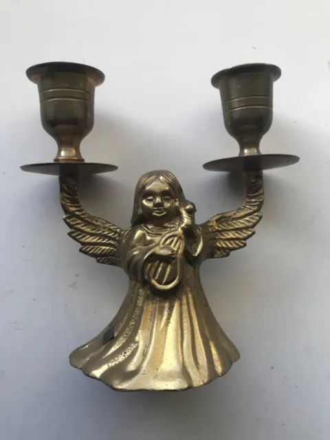 VTG Solid Brass Angel Double Candle Holders On Wing Tips Made In India 5”