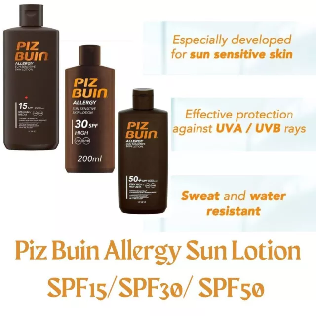 Piz Buin Allergy Sun Sensitive Skin Lotion SPF15 /SPF30/ SPF50 200ml. BRAND NEW