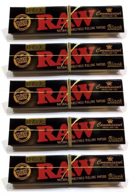 RAW Black Classic Connoisseur King Size Rolling Papers And Tips (5 Pack)