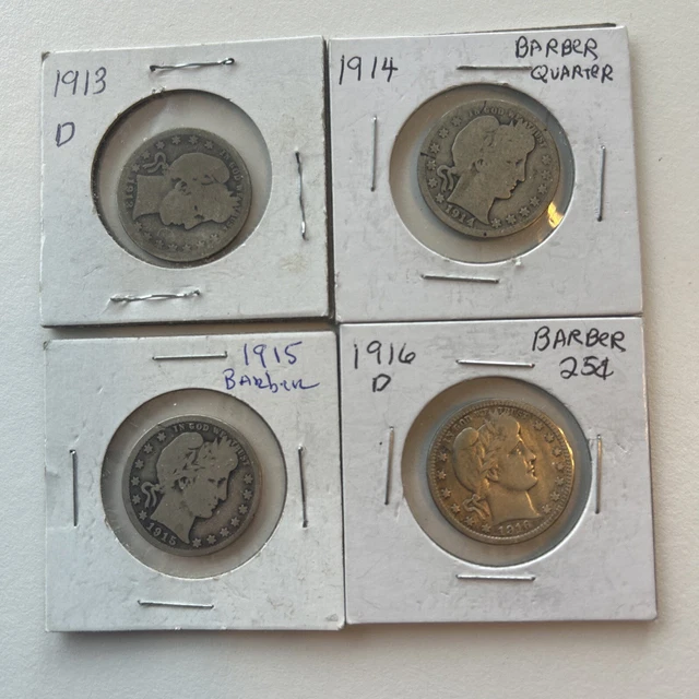 1913 D 1914 P 1915 P 1916-D Denver Mint Silver Barber Quarter