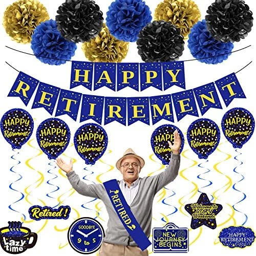 RETIREMENT DECORATIONS MEN Blue Gold Happy Retirement Party Decorations