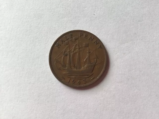 UK Old Halfpenny Coin King George VI, 1943.