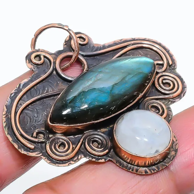 Labradorite, Moonstone Gemstone Handmade Copper Jewelry Pendant 1.77" Easter