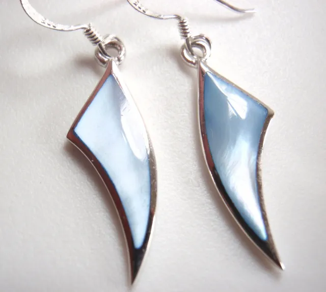 Shark Tooth Shaped Blue Mother of Pearl Dangle Earrings 925 Sterling Silver