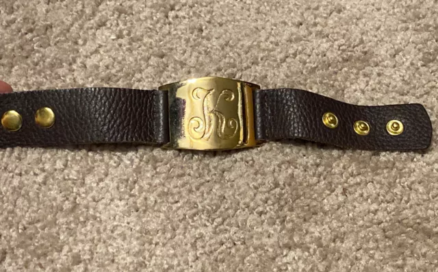 LISA STEWART Gold Plate Dark Brown Leather Initial “K” Cuff Bracelet MSRP $85