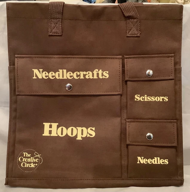 Bolso de Mano de Colección Círculo Creativo Marrón Lona Con Agujas Aros Tijeras Aguja