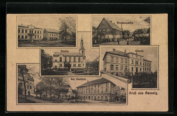 AK Gaussig, Straßenpartie mit Kirche, Schule und Gasthof