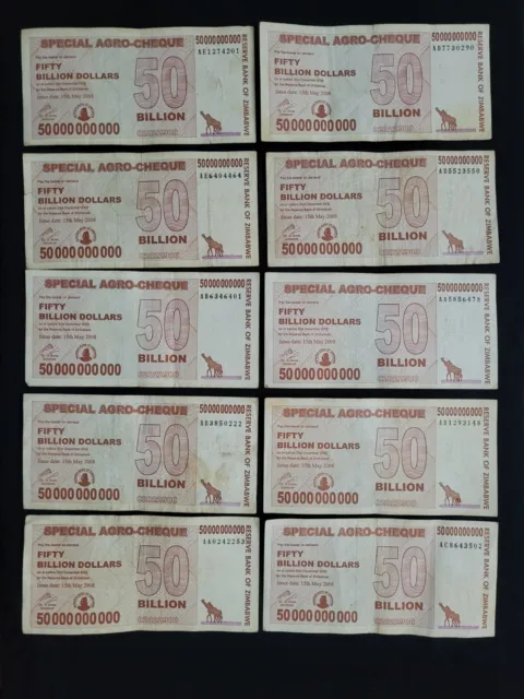 Zimbabwe 10 x 50 Billion Dollars AGRO 2008 - Pick- 63 - Lot 10 PCS