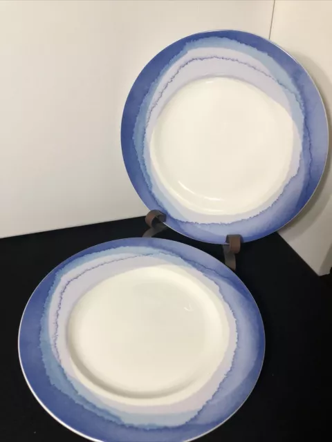 Lenox Indigo Watercolor Stripe Pair Of Beautiful Salad Plates 9.5”signed 2