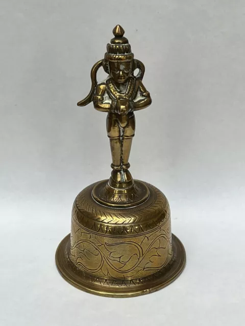 VINTAGE OLD INDIAN HANUMAN HINDU HEAVY BRASS TEMPLE BELL, Monkey God, Engraved