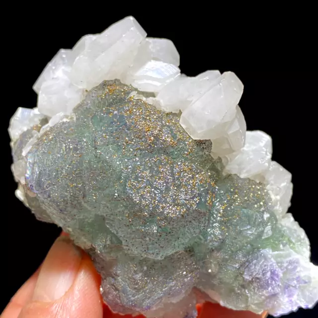 221gRare Green Spherical Fluorite Covered With pyrite & Calcite Mineral Specimen