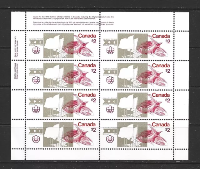 Canada Stamp #688 Miniature Pane of 8"Olympic Sites" MNH 1976