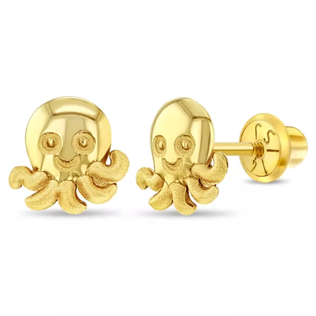 Sonriente Pulpo Niño/Niños/Pendientes Niña Seguridad de Rosca - 14k Dorado