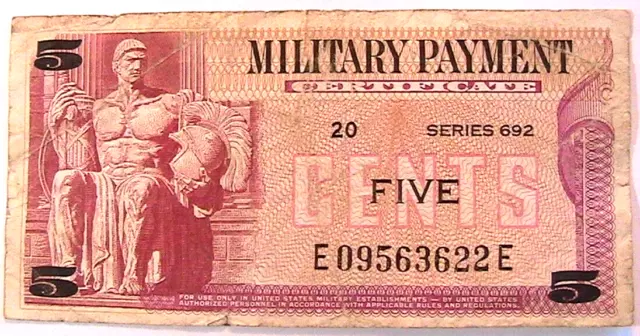 1970-73 USA  MPC Ser 692  5 Cent  F+ Military Pay Certificates Currency Banknote