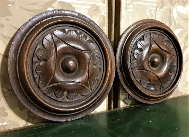 2 Round panel with rosette wood carving Architectural salvage Antique french