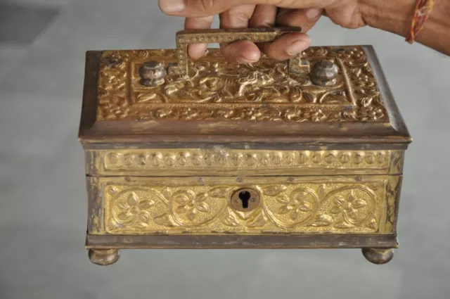 Old Brass Handcrafted Embossed 6 Compartment Betel Nut Box , Rich Patina