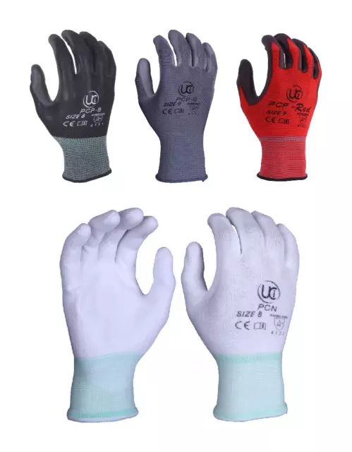 PU Gloves Palm Coated Precision Protective Safety Work - Various Colours