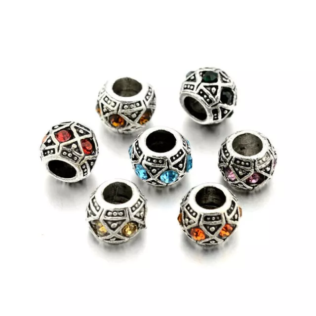 50PC Tibetan Silver Alloy Rhinestone European Beads Large Hole Charms Craft 10mm
