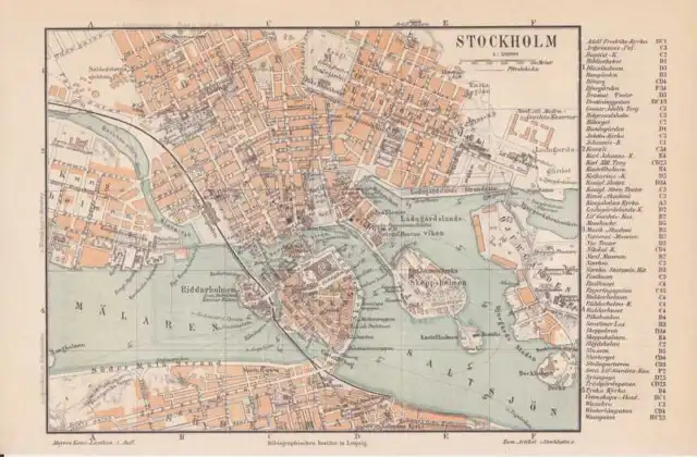 STOCKHOLM Riddarholmen Skeppsholmen Djurgarden Kungsholmen STADTPLAN von 1889