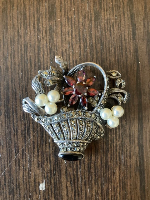 Broche Vintage Fleur En Argent Massif Avec Marcassite - Manque Quelques Brillants