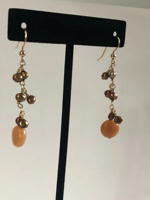 14 Kt Gold Filled Earrings Brown Pearls Orange Stone Dangle Pierced Hook