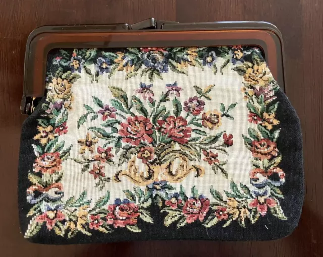 1950s 60s Charming Floral NEEDLEPOINT TAPESTRY Mini CLUTCH BAG / CHANGE PURSE