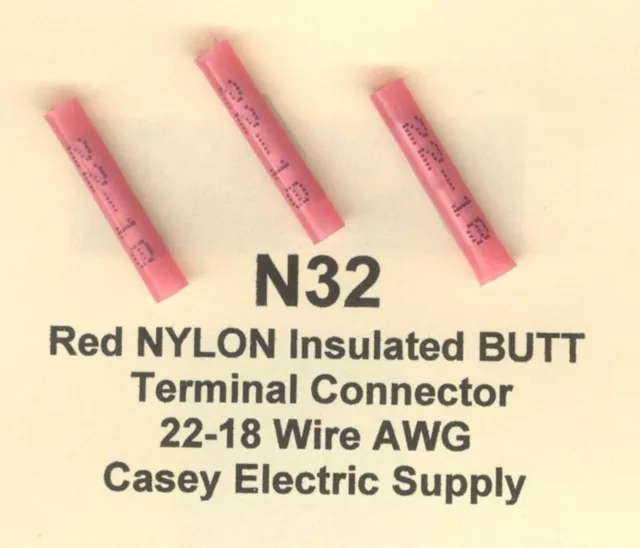 25 Red NYLON Insulated BUTT Terminal Connector #22-18 Wire Gauge AWG MOLEX