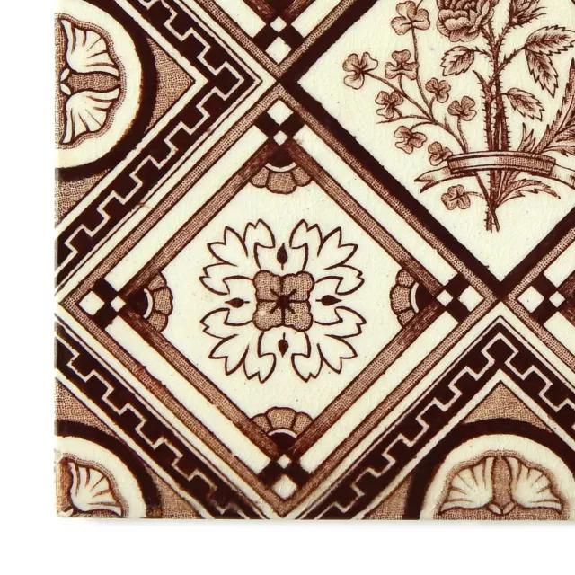 Antique Tile Victorian Aesthetic Floral Jackson Clay Hearth Transfer Brown White 6