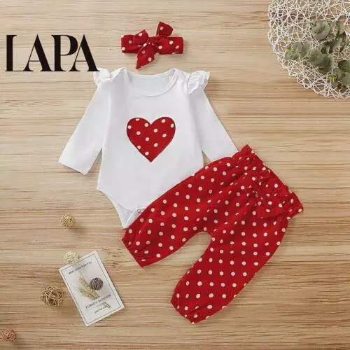 Newborn Baby Girls Polka Dot Ruffle Romper Pants Headband Clothes Outfits 3PCS