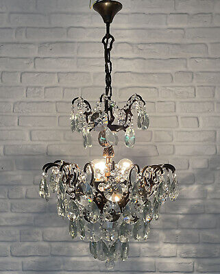 Antique Vintage Cast Brass & Crystals Spider Style Chandelier Ceiling Lamp Light
